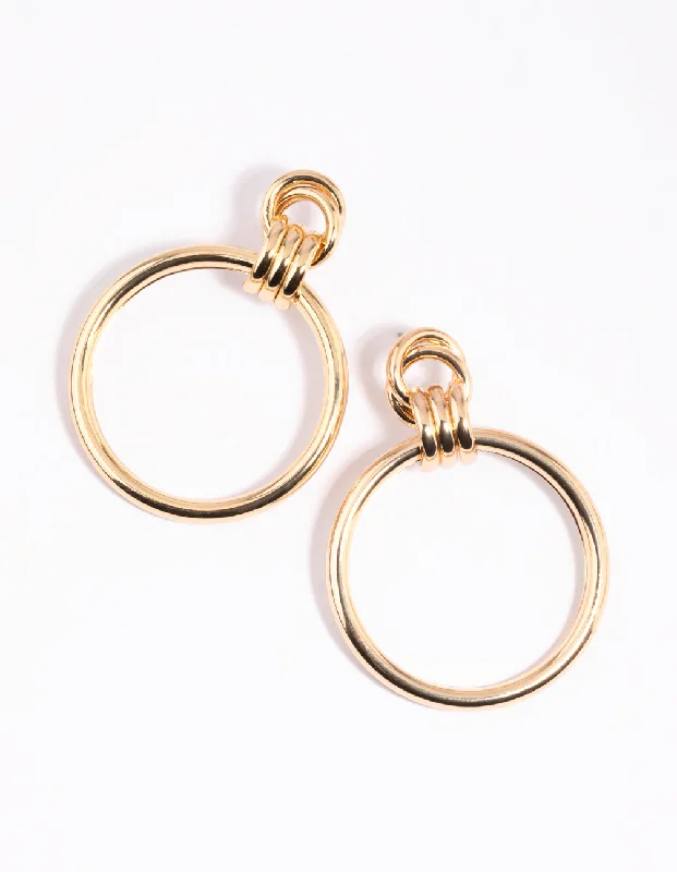 Beaded Hoop Earrings-Gold Circular Door Knocker Drop Earrings