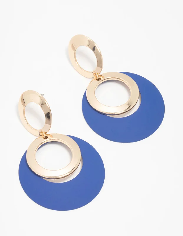 Fashionable Clip-On Earrings-Gold Blue Circular Drop Earrings