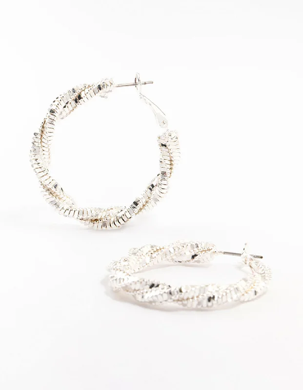 Elegant Chandelier Earrings-Silver Cut Diamante Twisted Hoop Earrings