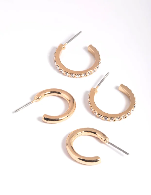 Cute Dangle Earrings-Gold Diamante Huggie Hoop Earring Set