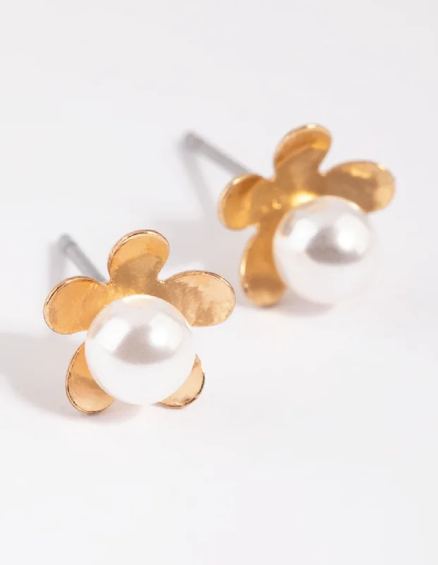 Simple Gold Earrings-Gold Pearl & Flower Stud Earrings