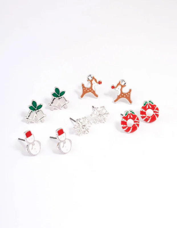 Ethnic Style Earrings-Snowman & Wreath Enamel Stud Earrings 5-Pack