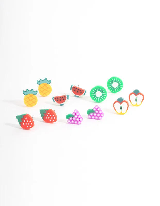 Silver Circle Earrings-Kids Bright Fimo Fruit Stud Earrings 6-Pack