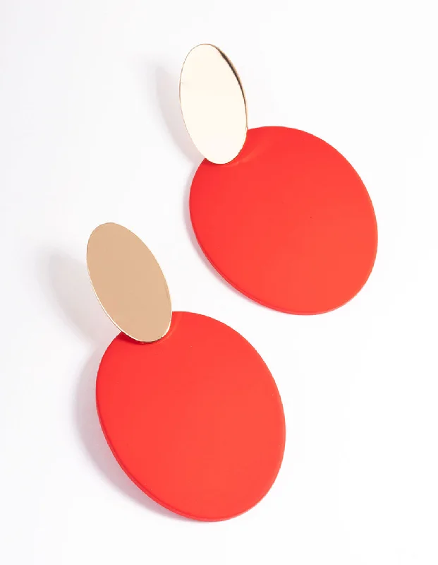 Geometric Dangle Earrings-Red Oval Disc Drop Earrings