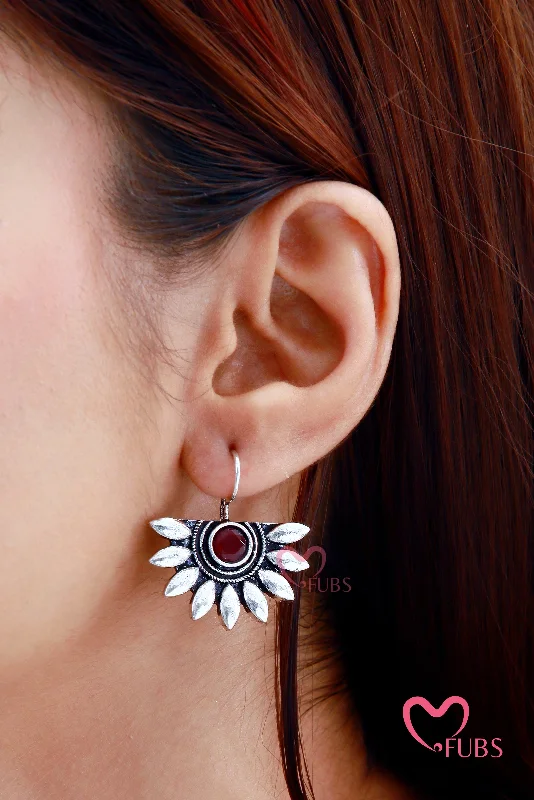 Small Drop Earrings-Stone Studded Oxidized Half Sunflower Earrings