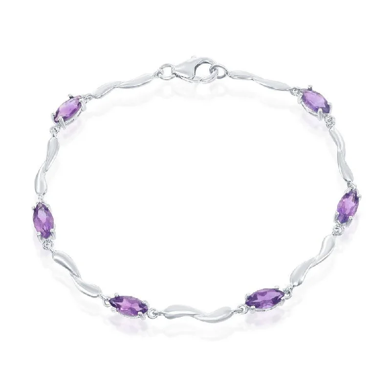 Trendy Charm Bracelet-Sterling Silver Marquise Shaped Amethyst Gemstone Bracelet, 7.25"