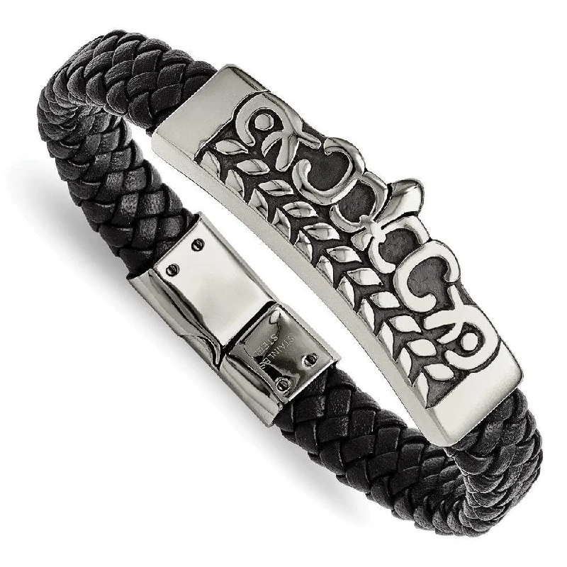 Diamond Bangle Bracelet-Stainless Steel Antiqued Fleur de Lis Black Leather Bracelet