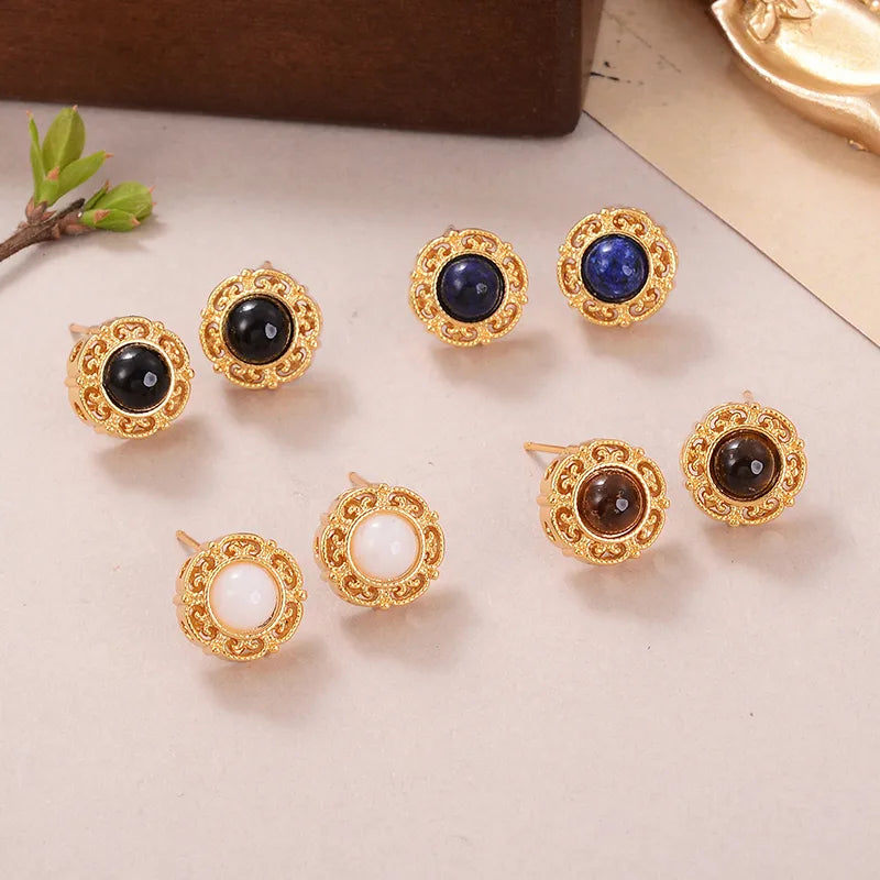 1 Pair Elegant Vintage Style Flower Hollow Out Inlay Copper Natural Stone Ear Studs