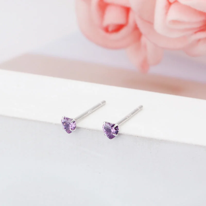 3mm Purple Heart-Shaped Stud Earrings