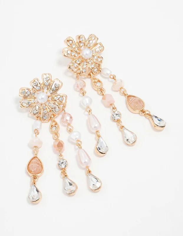 Metal Hoop Earrings-Rose Gold Bead & Pearl Floral Drop Earrings