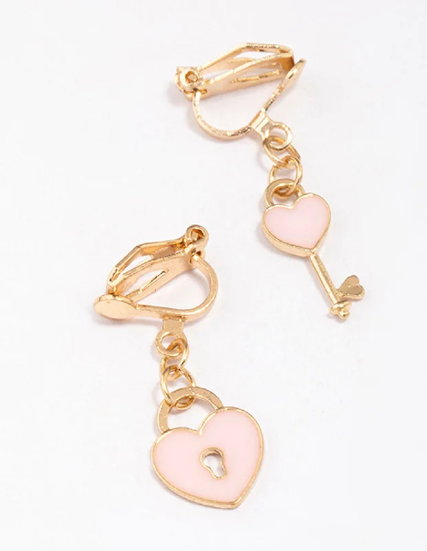 High-End Earrings-Pink Heart & Lock Clip-On Earrings