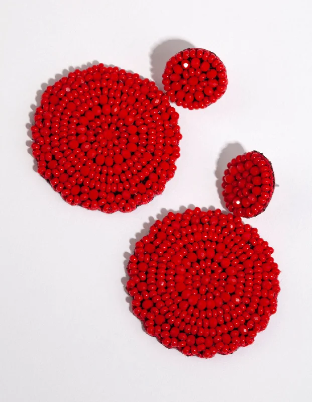 Petite Stud Earrings-Red Beaded Flat Circle Drop Earrings