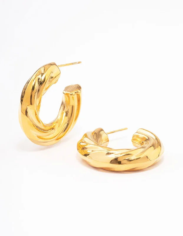 Tiny Stud Earrings-Waterproof Gold Plated Stainless Steel Chubby Twisted Hoop Earrings