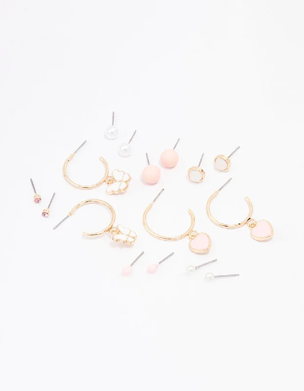 Fashion Pearl Earrings-Gold Heart & Butterfly Earring 8-Pack