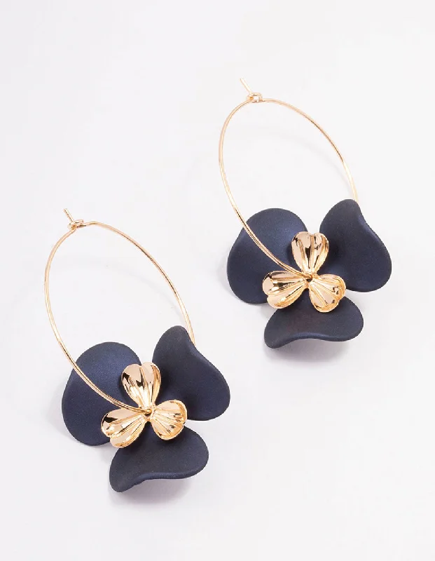 Rose Gold Earrings-Blue Large Flower Wire Hoop Earrings