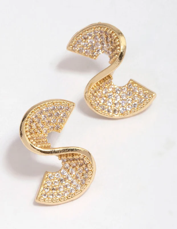 Geometric Shape Earrings-Gold Plated Cubic Zirconia Twisted Stud Earrings