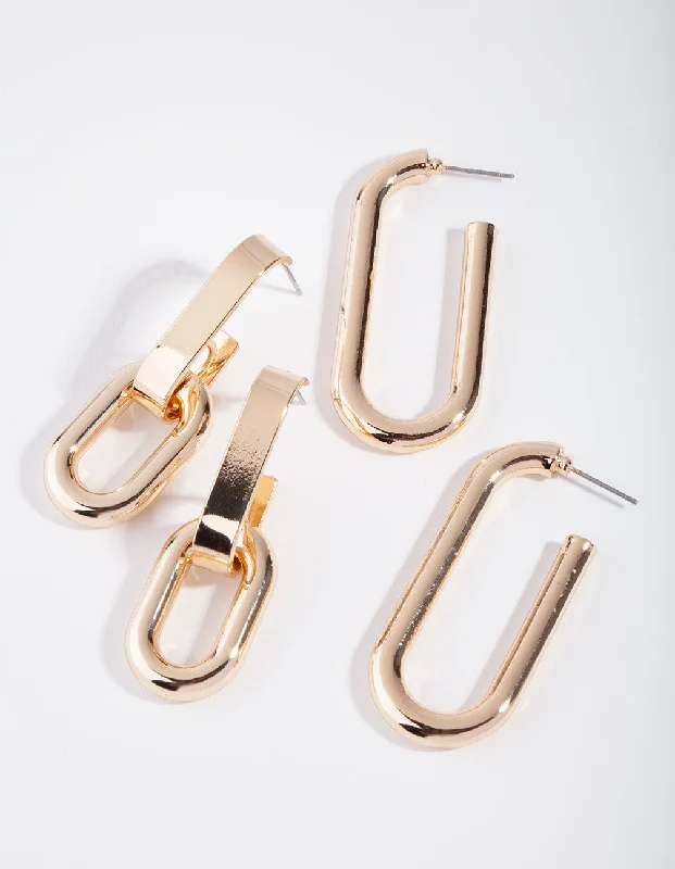 Artistic Earrings-Gold Pack Rectangle Link & Hoop Earring