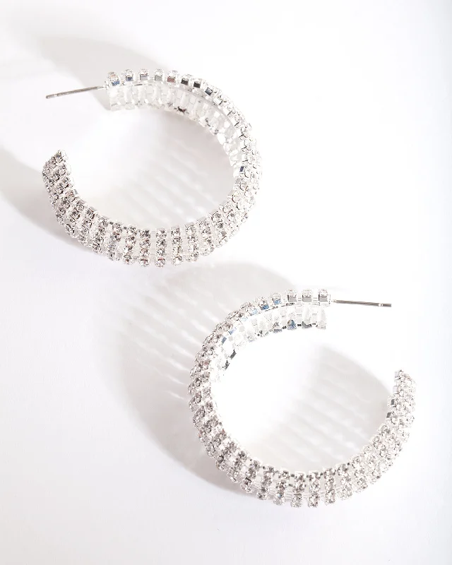 Feather Dangle Earrings-Silver Thick Diamante Hoop Earrings