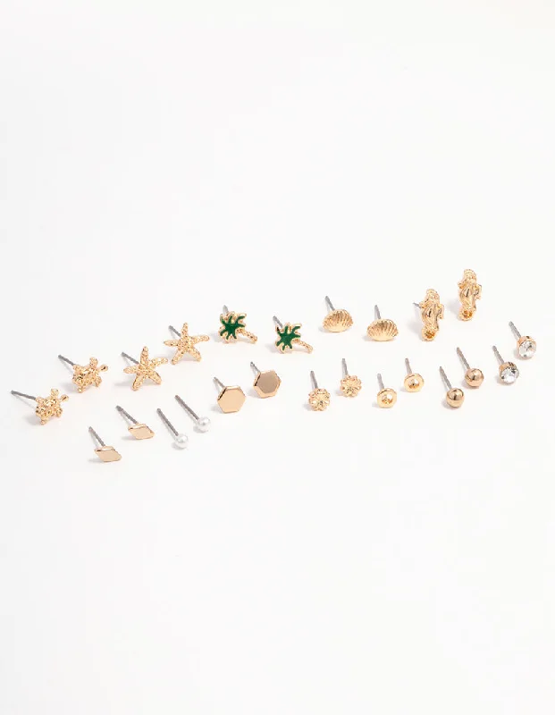 Stylish Hoop Earrings-Gold Palm Tree Diamante Earring 12-Pack