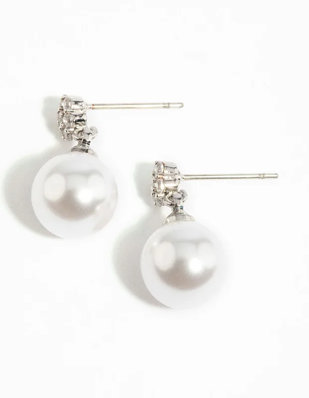 Large Gold Earrings-Silver Cubic Zirconia Pearl Drop Earrings