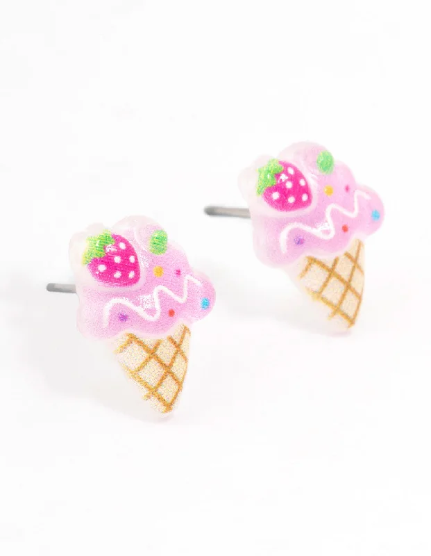 Unique Gemstone Earrings-Plastic Strawberry Icecream Stud Earrings