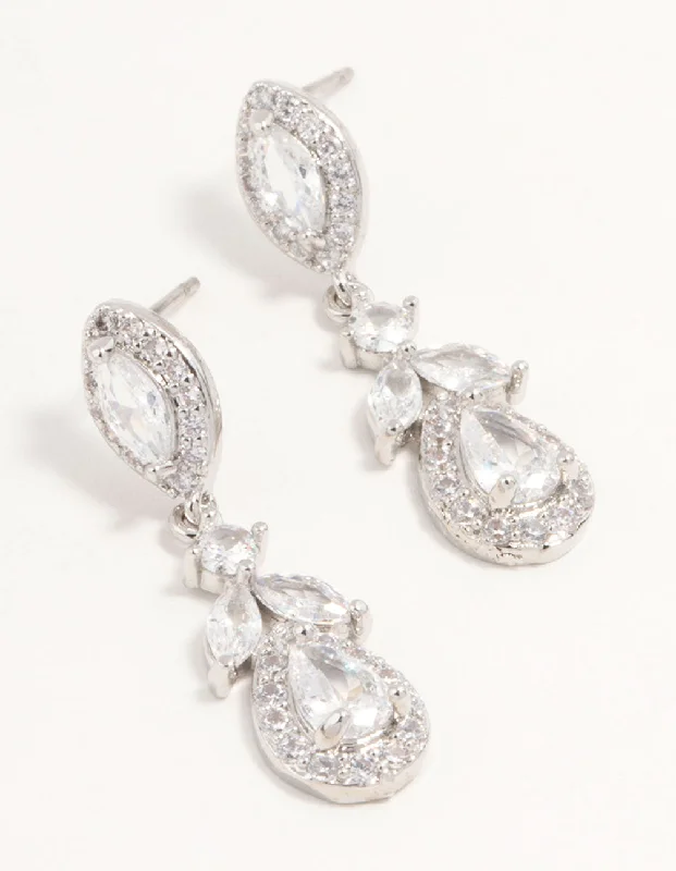 Beaded Hoop Earrings-Silver Cubic Zirconia Halo Drop Earrings