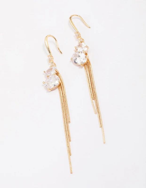 Long Silver Earrings-Gold Cubic Zirconia Chain Drop Earrings