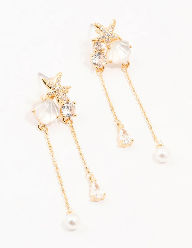 Bridal Earrings-Gold Plated Sea Star Shell Cubic Zirconia Drop Earrings