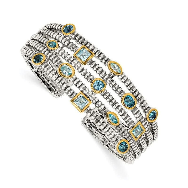 Boho Leather Bracelet-Sterling Silver/Gold-tone Sky/Swiss/London Blue Topaz Cuff Bracelet