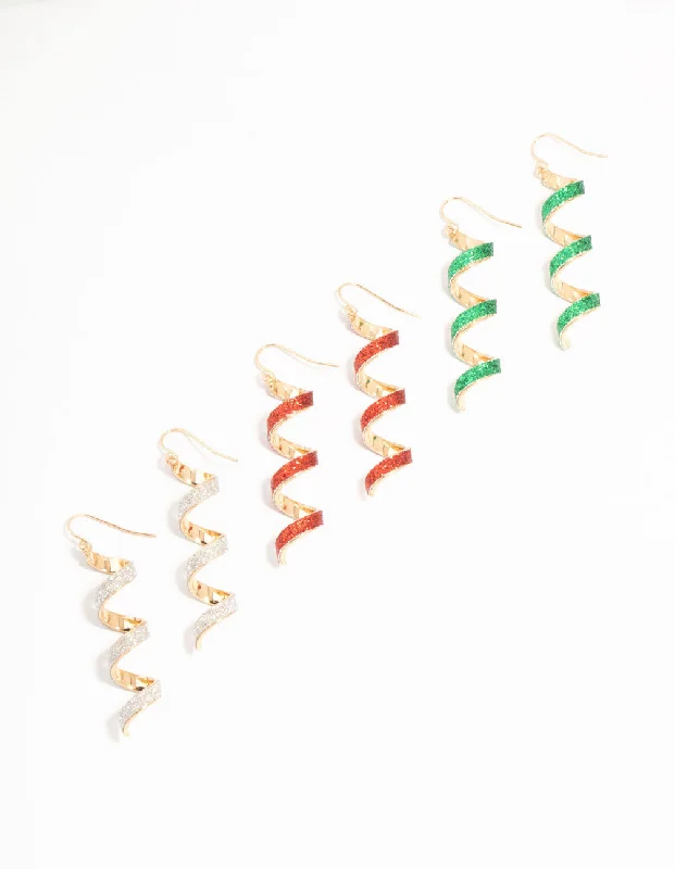 Large Dangle Earrings-Multicoloured Glitter Spiral Drop Earrings  3-Pack