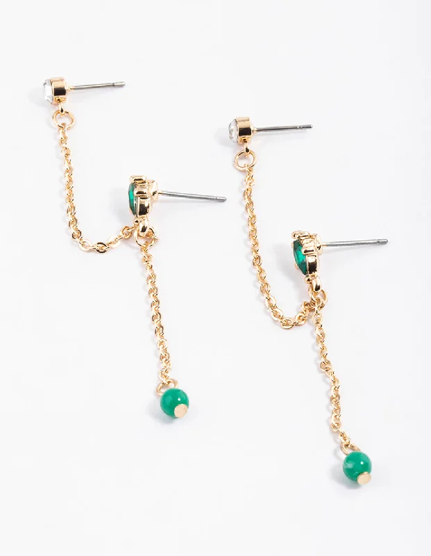 Cute Ear Jackets-Gold Double Chain Marquise Drop Earrings