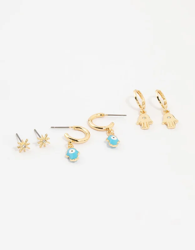 Simple Silver Drop Earrings-Gold Plated Hamsa Hand & Evil Eye Earrings 3-Pack