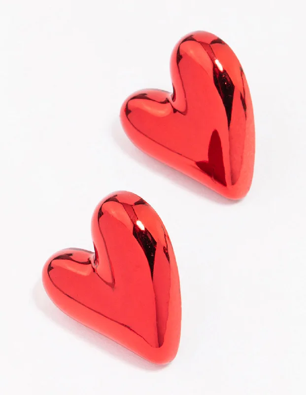 Gold Dangle Earrings-Red Puffy Heart Stud Earrings