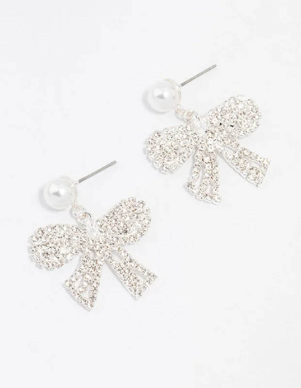 Sparkling Swarovski Earrings-Silver Pearl Diamante Small Bow Drop Earrings