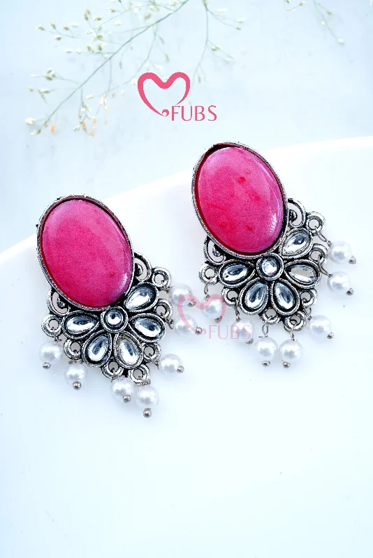 Pearl Ear Jackets-Classic Oxidized Oval Flower Pearl Drop Earrings