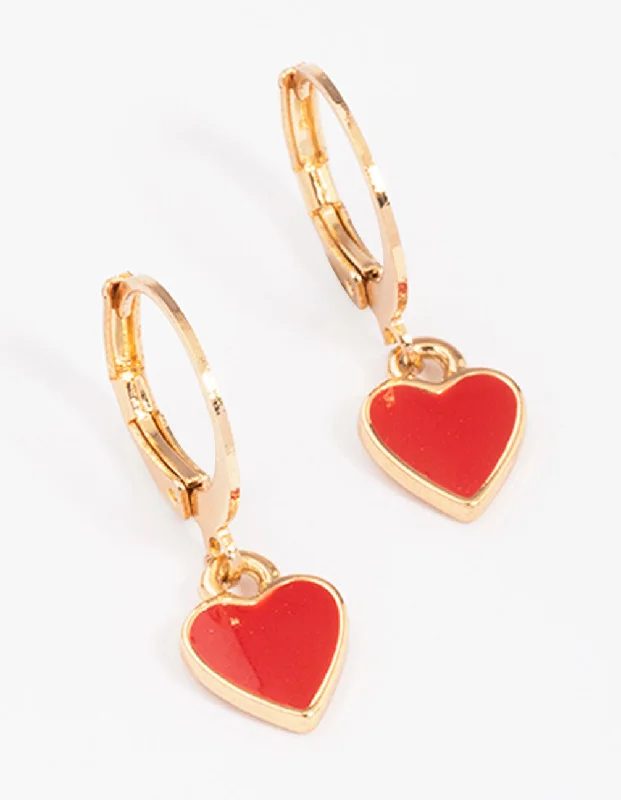 Elegant Pearl Earrings-Gold & Red Heart Huggie Hoop Earrings