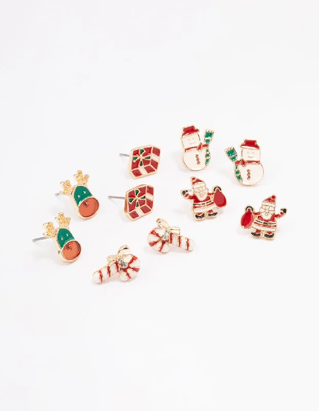 Crystal Drop Earrings-Present & Candy Cane Enamel Stud Earrings 5-Pack