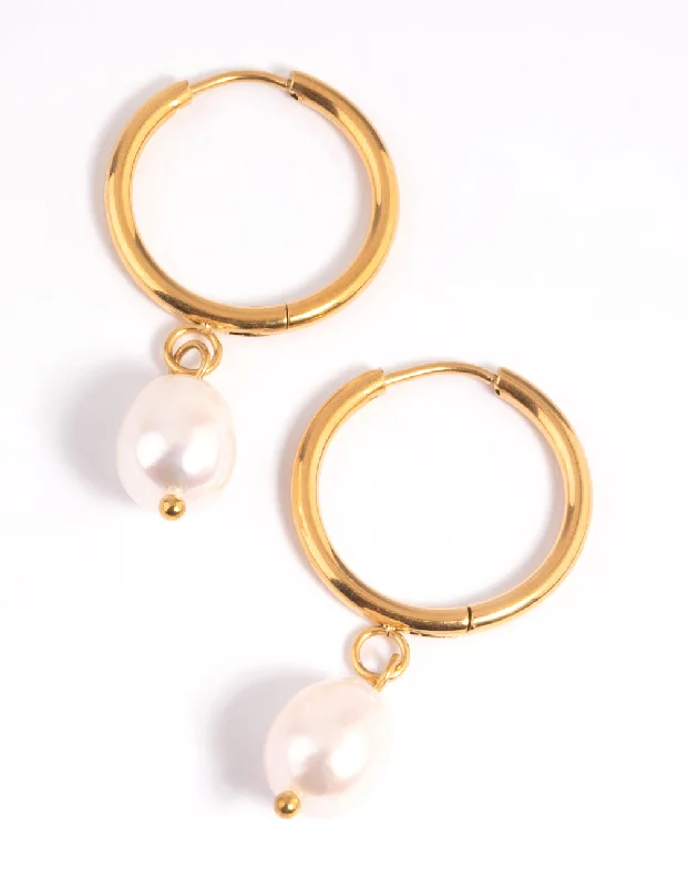 Classic Gold Earrings-Waterproof Gold Plated Stainless Steel Freshwater Pearl Thin Huggie Hoop Earrings