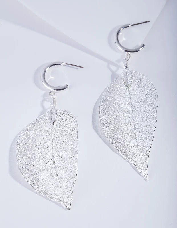 Handmade Silver Earrings-Silver Leaf Hoop Earrings