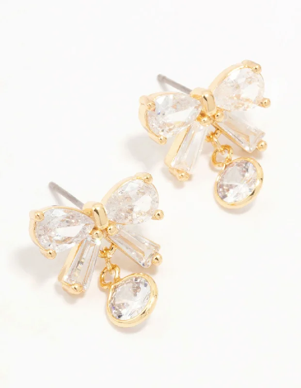 Bold Drop Earrings-Real Gold Plated Cubic Zirconia Bow & Round Drop Earrings