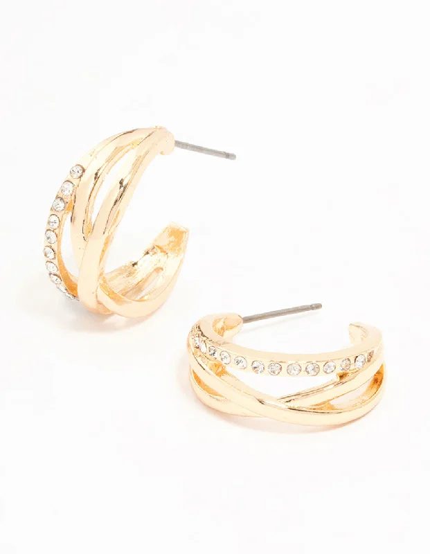 Silver Ear Cuffs-Gold Diamante Twisted Hoop Earrings