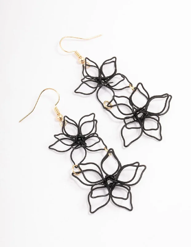 Retro Earrings-Black Double Wire Flower Drop Earrings