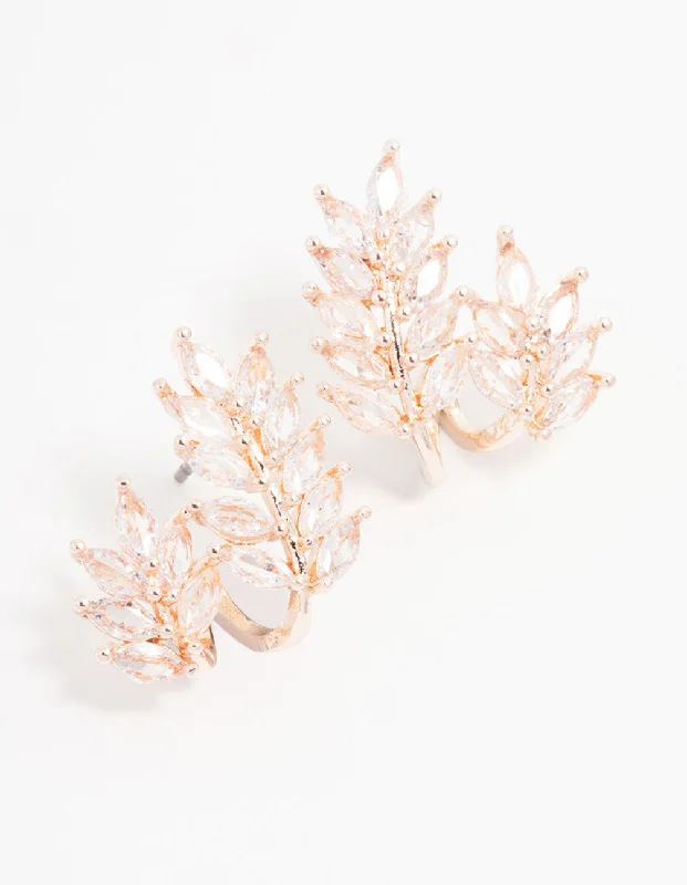 Gold Stud Earrings-Rose Gold Plated Cubic Zirconia Roman Leaf Crawler Earrings