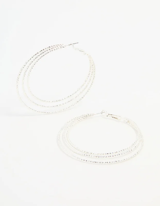 Round Hoop Earrings-Large Sliver Layered Ribbed Hoop Earrings