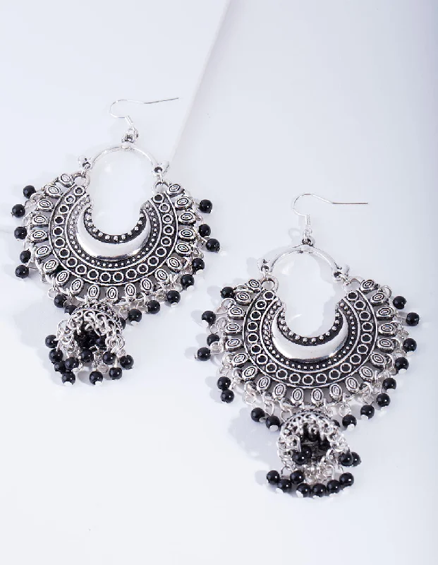 Crystal Dangle Drop Earrings-Antique Silver Black Beaded Drop Jhumka Earrings