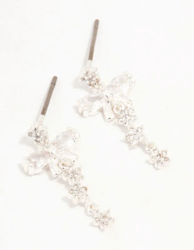 Antique Silver Earrings-Silver Plated Cubic Zirconia Bow & Mini Flower Drop Earrings