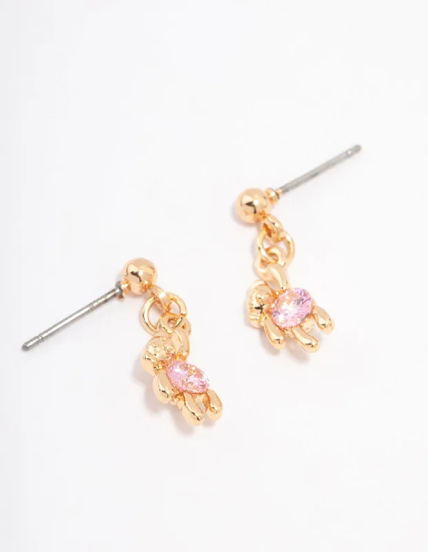 Colorful Crystal Earrings-Gold Cubic Zirconia Hanging Teddy Bear Earrings