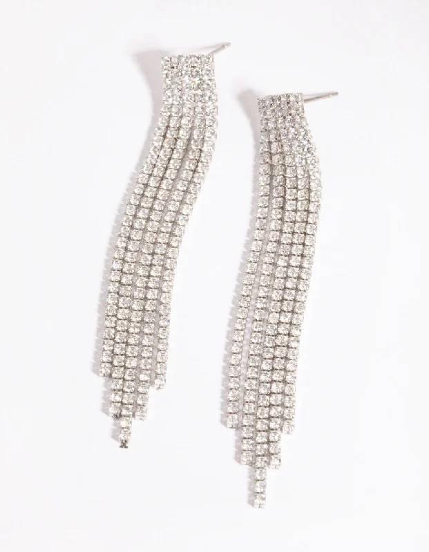 Petite Stud Earrings-Silver Cubic Zirconia Cup Chain Fringe Drop Earrings