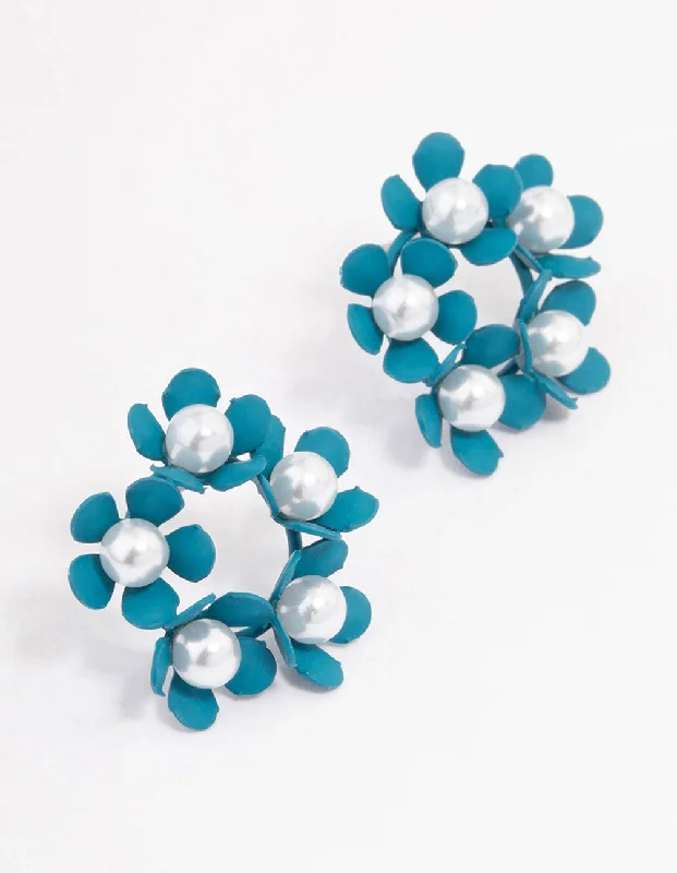 Silver Chain Earrings-Teal Flower & Pearl Circle Stud Earrings