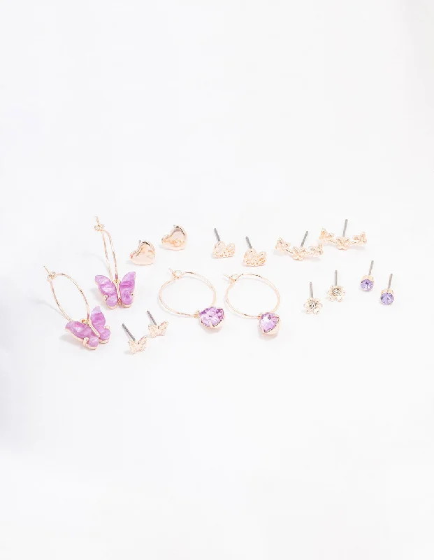 Cute Animal Earrings-Rose Gold Heart & Butterfly Earring 8-Pack